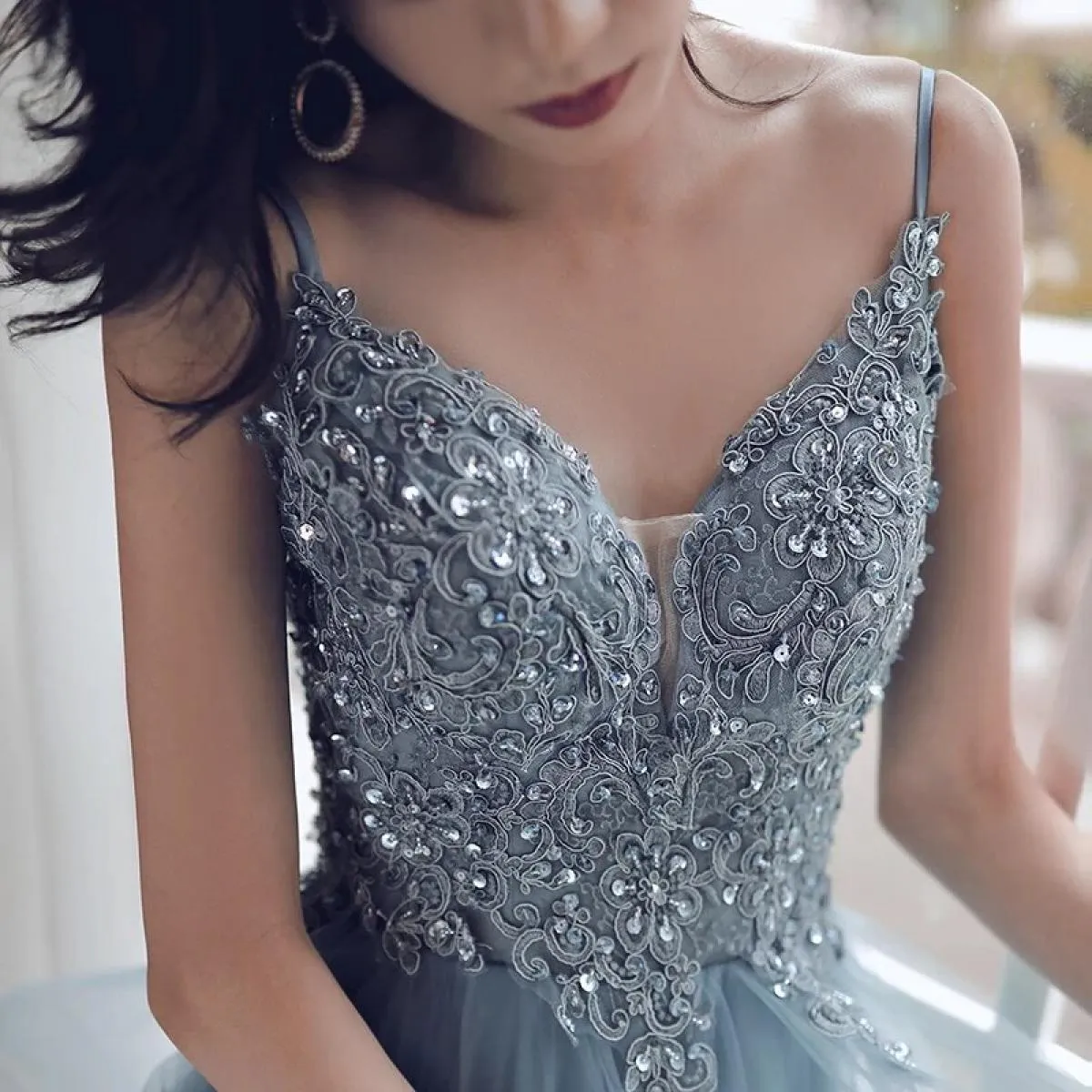 Flytonn- Beaded Lace Applique Multilayered Tulle Maxi Dress