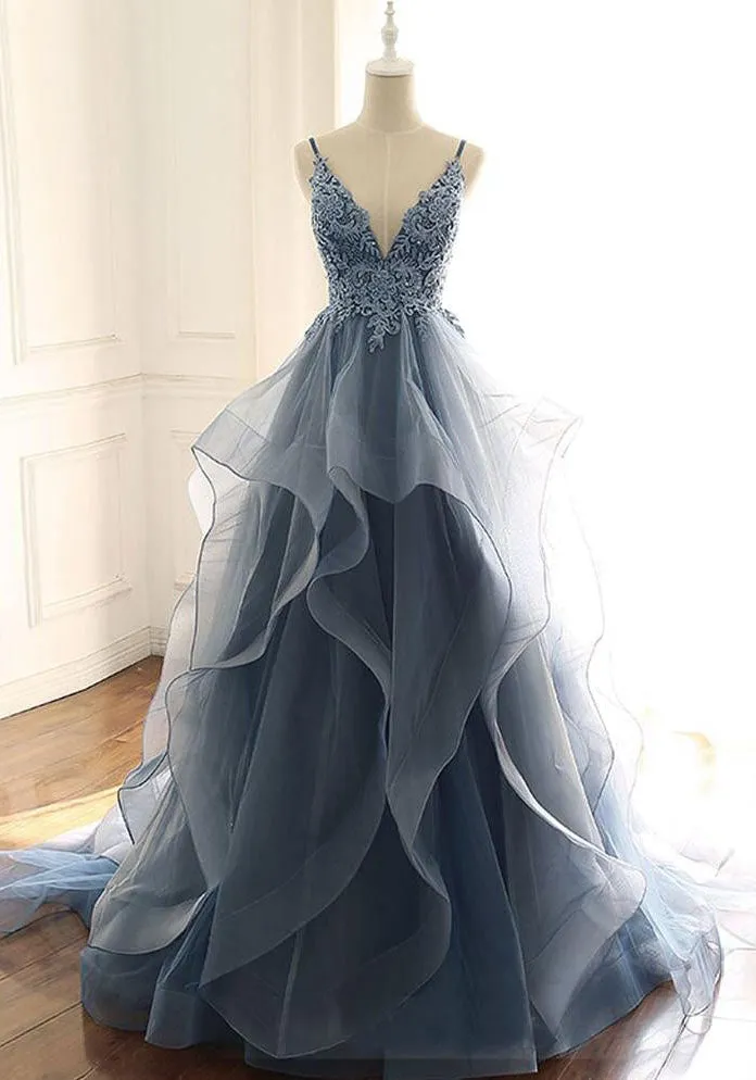 Flytonn- Beaded Lace Applique Multilayered Tulle Maxi Dress