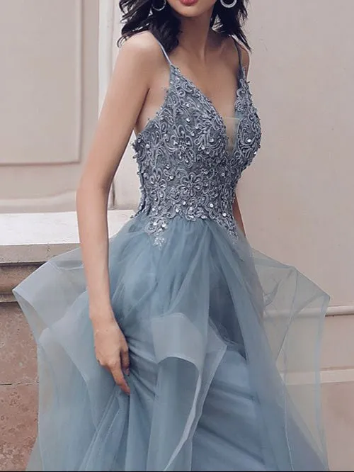 Flytonn- Beaded Lace Applique Multilayered Tulle Maxi Dress