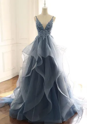 Flytonn- Beaded Lace Applique Multilayered Tulle Maxi Dress
