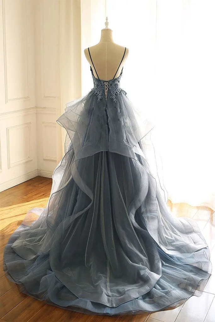 Flytonn- Beaded Lace Applique Multilayered Tulle Maxi Dress