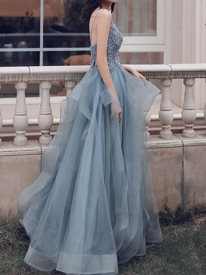 Flytonn- Beaded Lace Applique Multilayered Tulle Maxi Dress