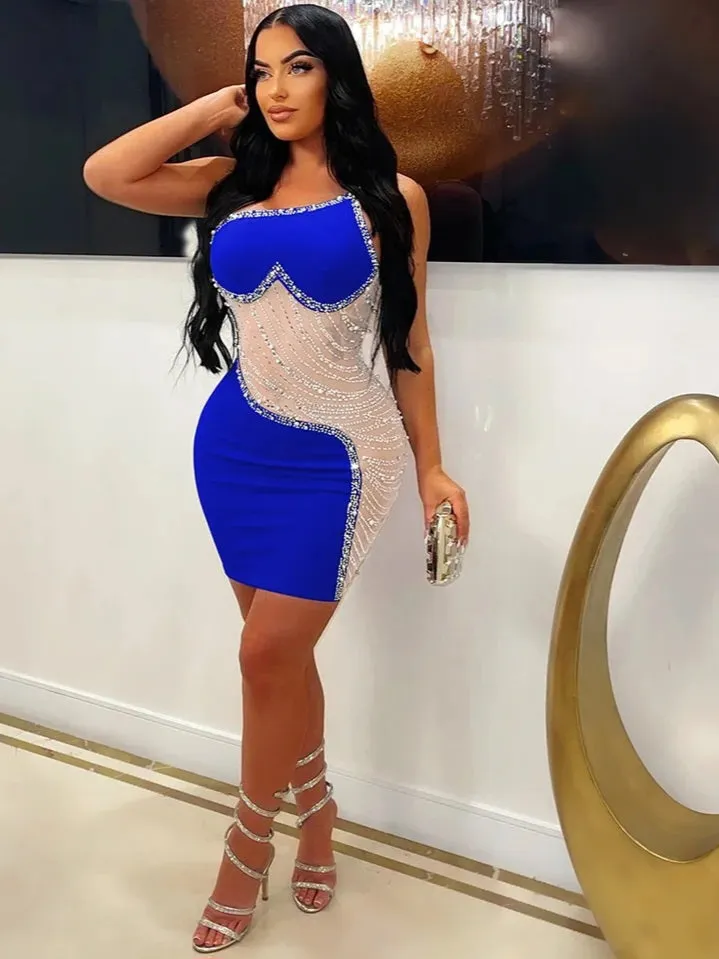 Flytonn- Rhinestone Mesh Cutout One Shoulder Mini Dress