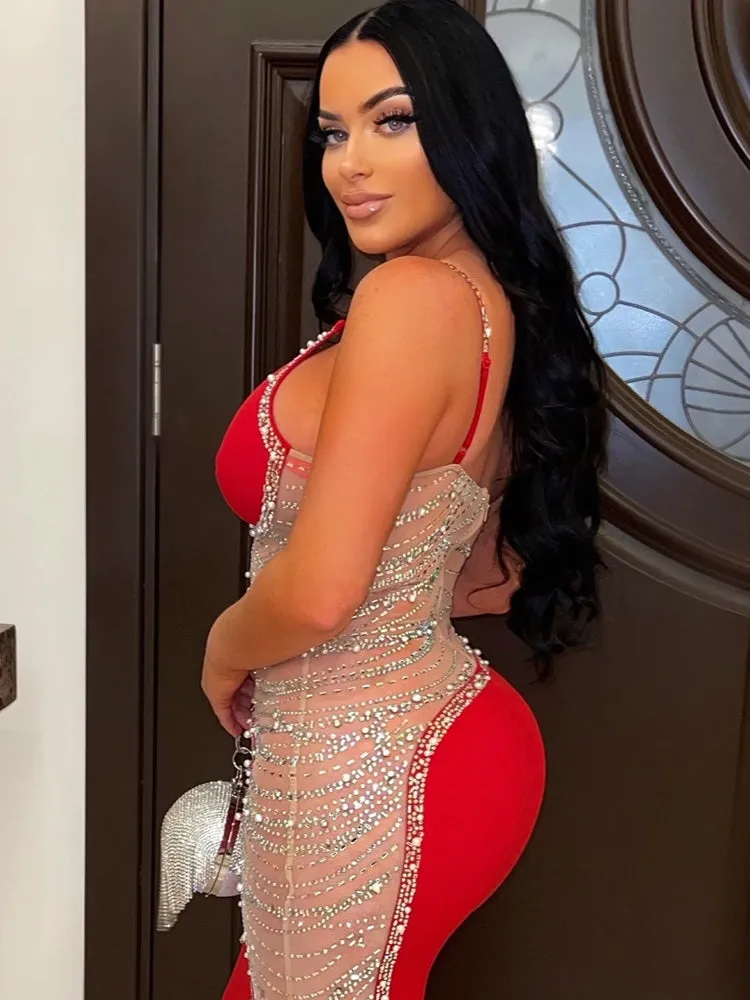 Flytonn- Rhinestone Mesh Cutout One Shoulder Mini Dress