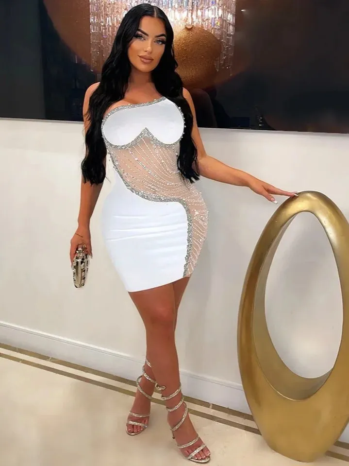 Flytonn- Rhinestone Mesh Cutout One Shoulder Mini Dress