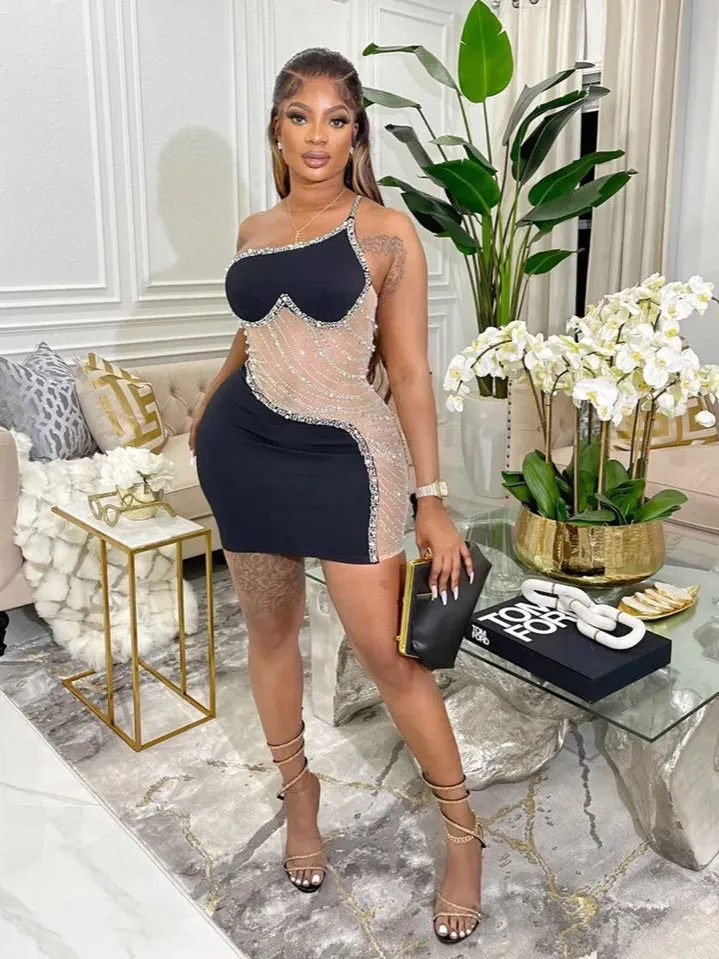Flytonn- Rhinestone Mesh Cutout One Shoulder Mini Dress