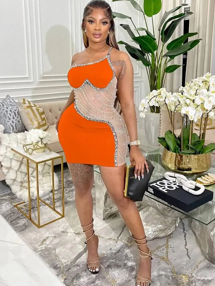 Flytonn- Rhinestone Mesh Cutout One Shoulder Mini Dress