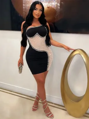 Flytonn- Rhinestone Mesh Cutout One Shoulder Mini Dress