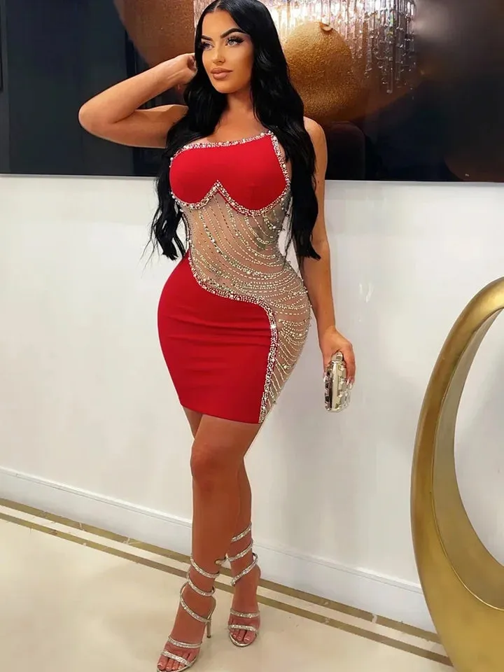 Flytonn- Rhinestone Mesh Cutout One Shoulder Mini Dress