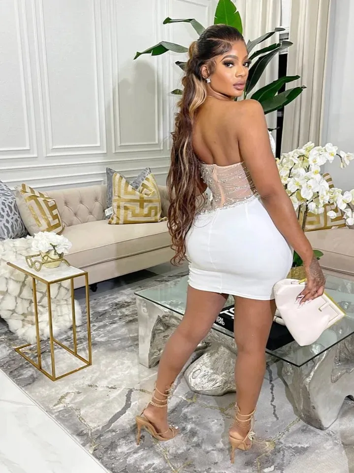 Flytonn- Rhinestone Mesh Cutout One Shoulder Mini Dress
