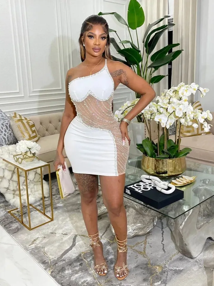 Flytonn- Rhinestone Mesh Cutout One Shoulder Mini Dress