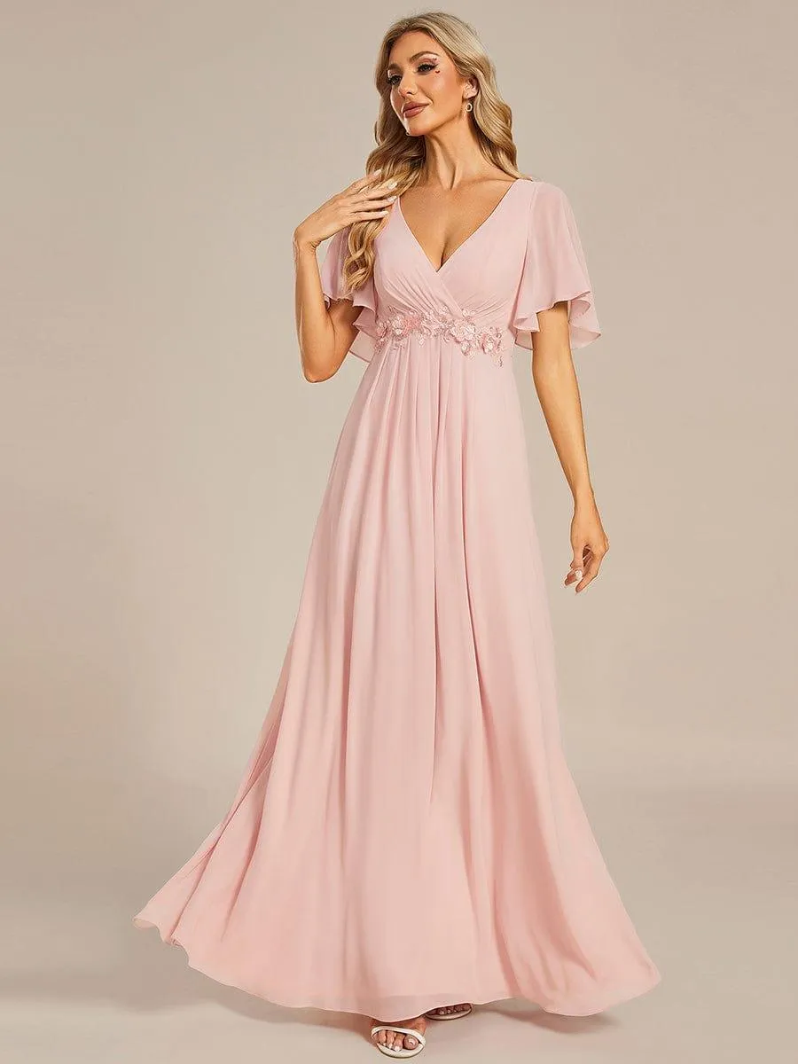 Gentle Iris | Ruffles Sleeve A-Line Chiffon Waist Applique Maxi Mother of the Bride Dress