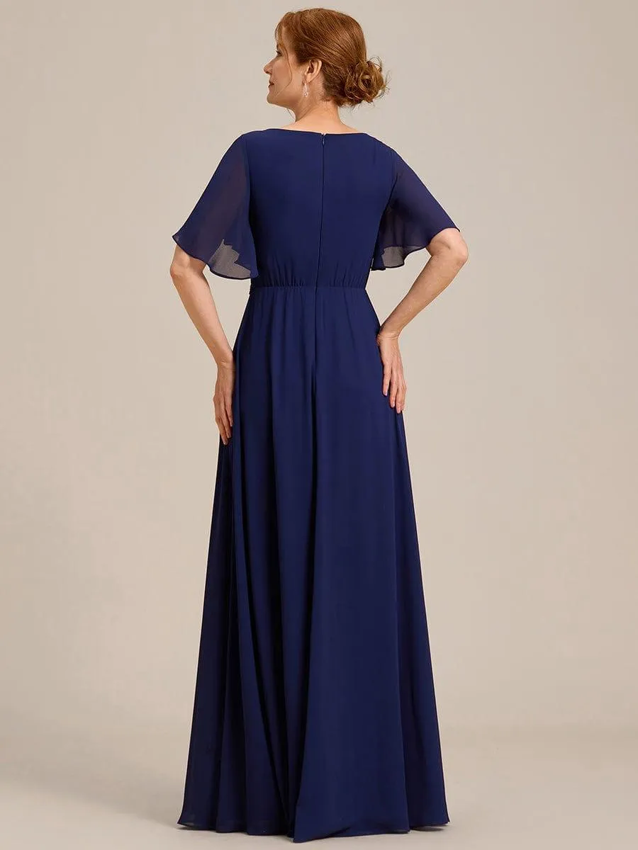 Gentle Iris | Ruffles Sleeve A-Line Chiffon Waist Applique Maxi Mother of the Bride Dress