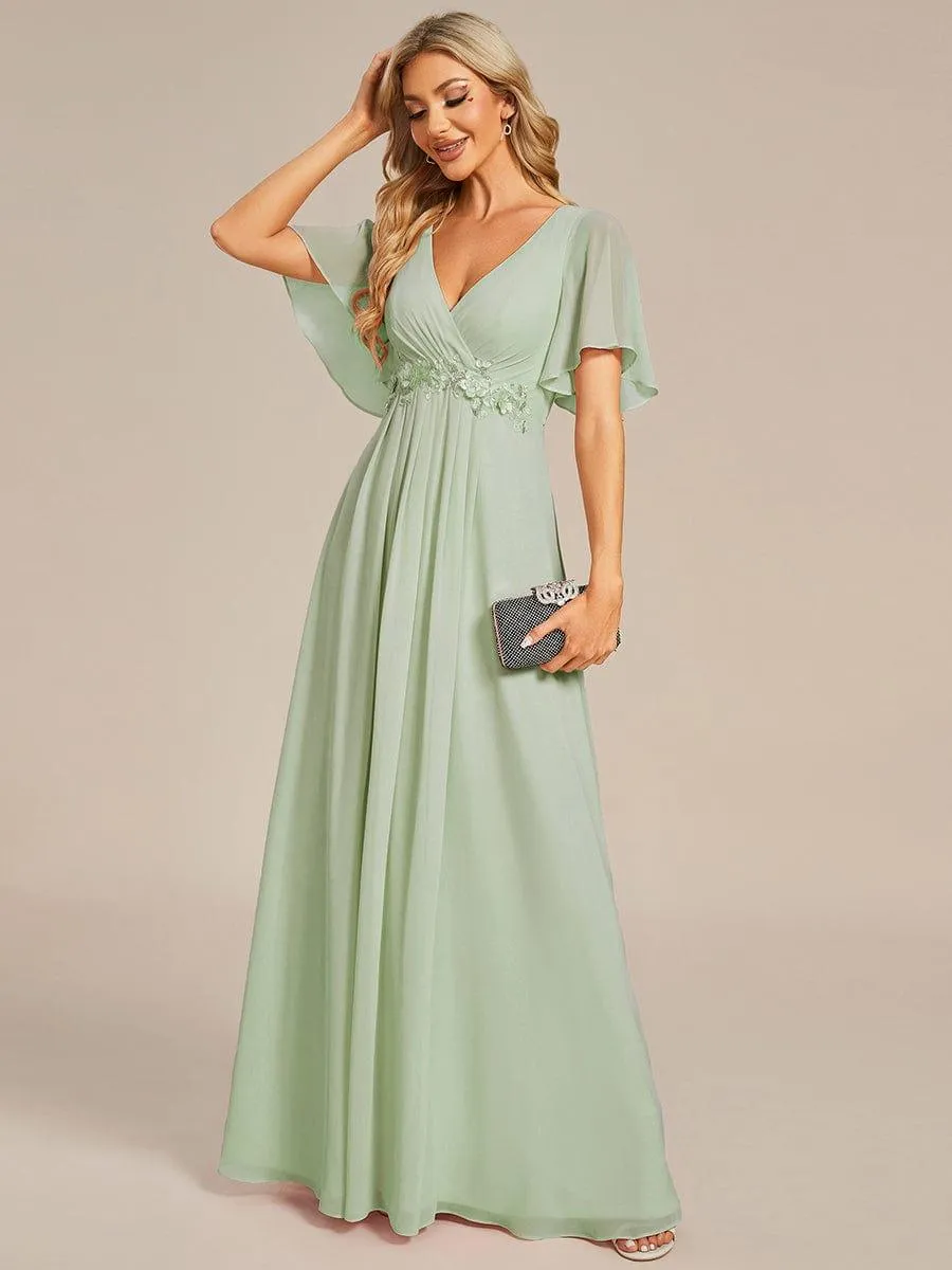 Gentle Iris | Ruffles Sleeve A-Line Chiffon Waist Applique Maxi Mother of the Bride Dress