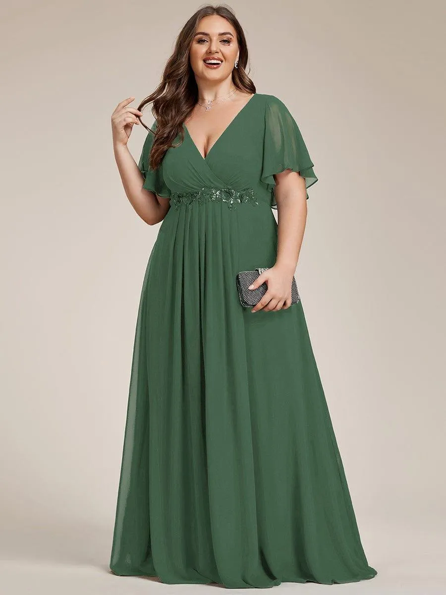 Gentle Iris | Ruffles Sleeve A-Line Chiffon Waist Applique Maxi Mother of the Bride Dress