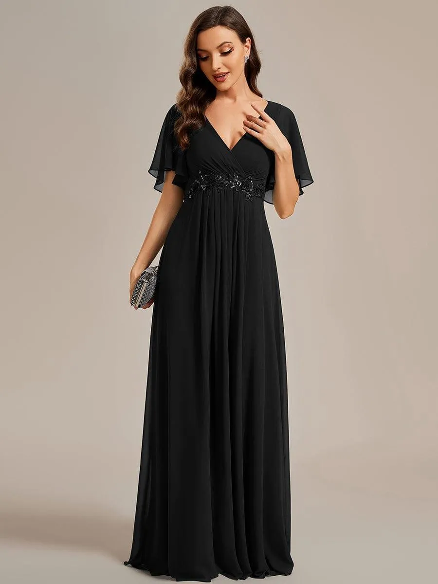 Gentle Iris | Ruffles Sleeve A-Line Chiffon Waist Applique Maxi Mother of the Bride Dress