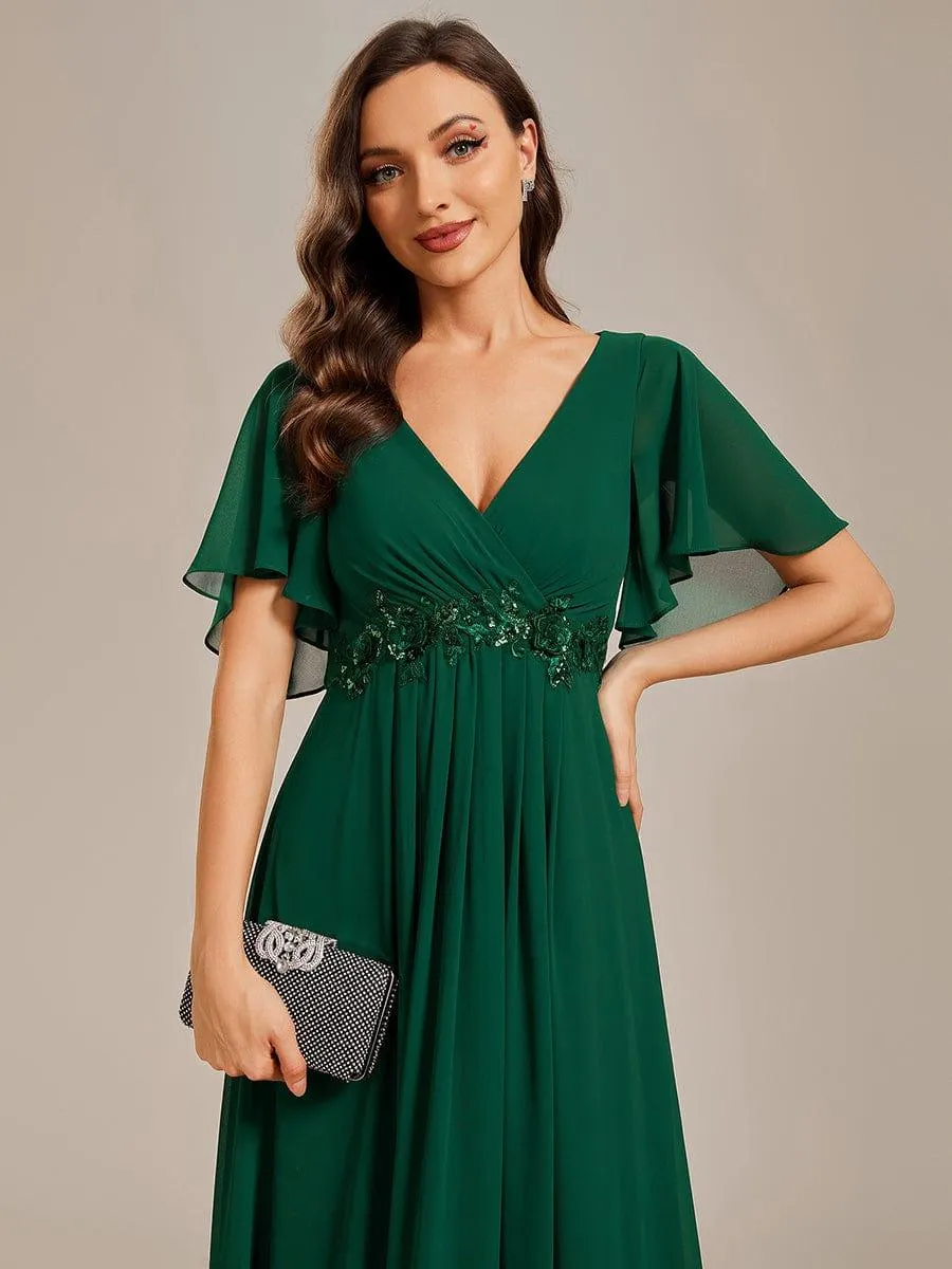 Gentle Iris | Ruffles Sleeve A-Line Chiffon Waist Applique Maxi Mother of the Bride Dress