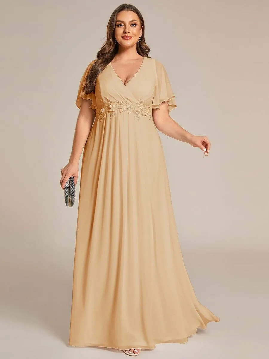 Gentle Iris | Ruffles Sleeve A-Line Chiffon Waist Applique Maxi Mother of the Bride Dress