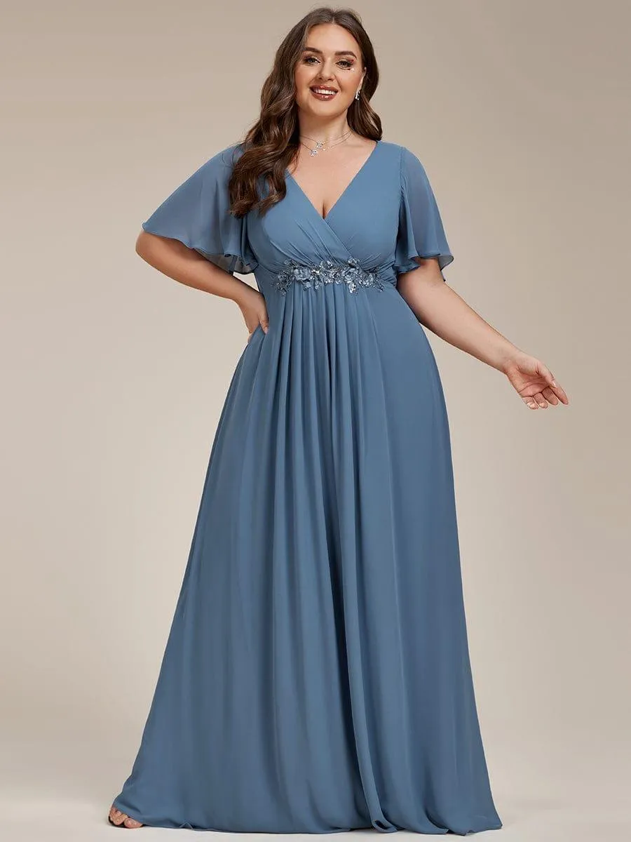 Gentle Iris | Ruffles Sleeve A-Line Chiffon Waist Applique Maxi Mother of the Bride Dress