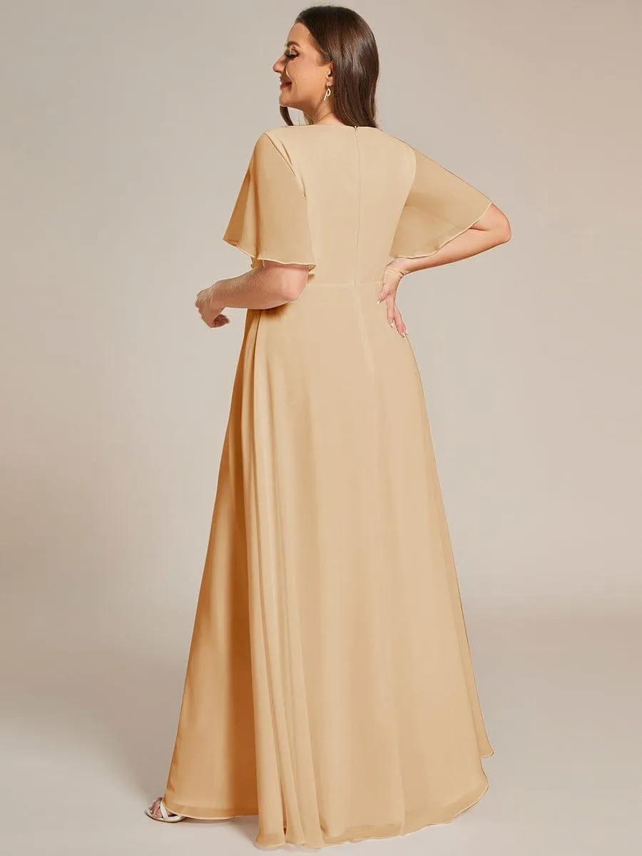 Gentle Iris | Ruffles Sleeve A-Line Chiffon Waist Applique Maxi Mother of the Bride Dress