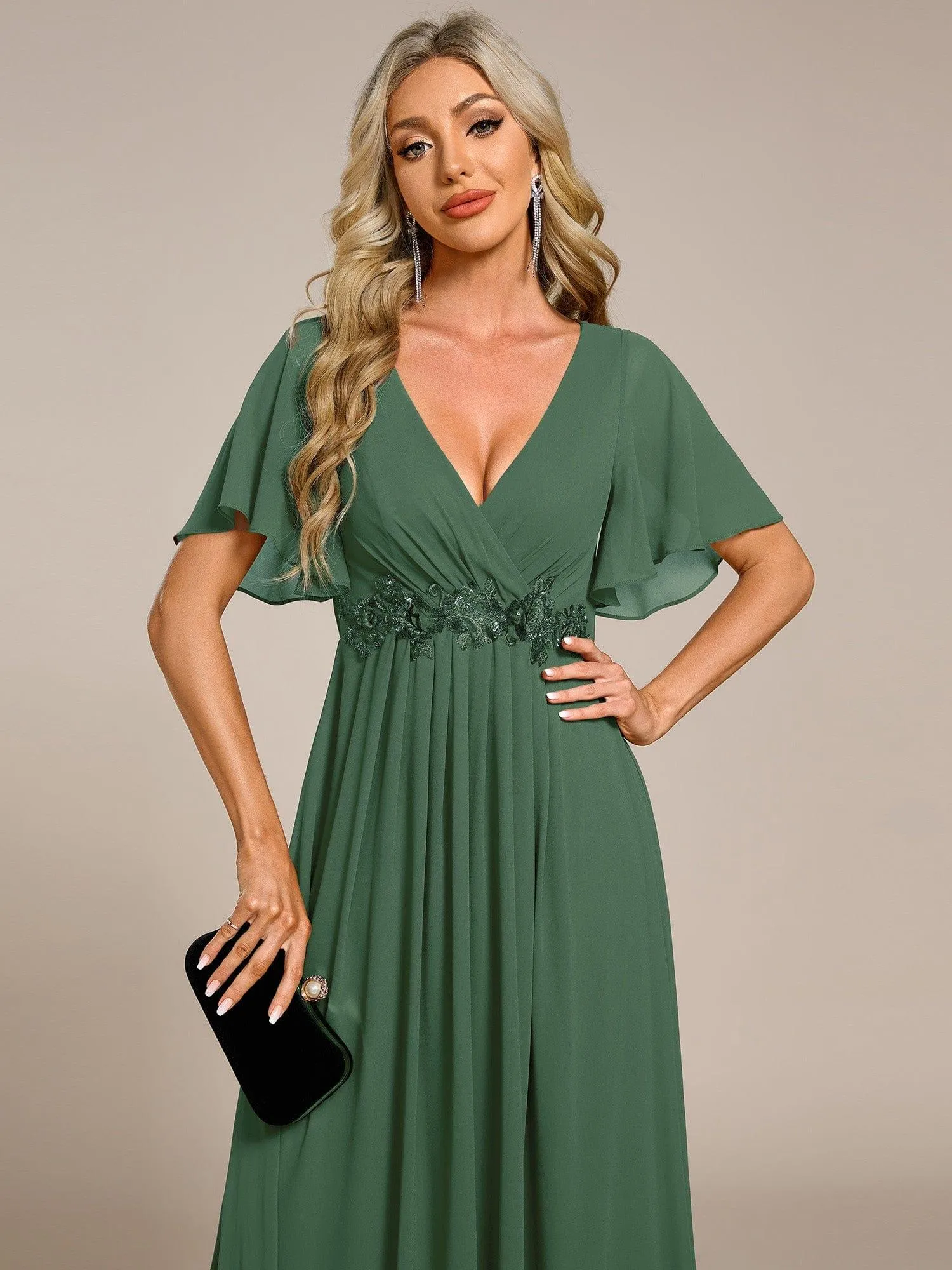 Gentle Iris | Ruffles Sleeve A-Line Chiffon Waist Applique Maxi Mother of the Bride Dress