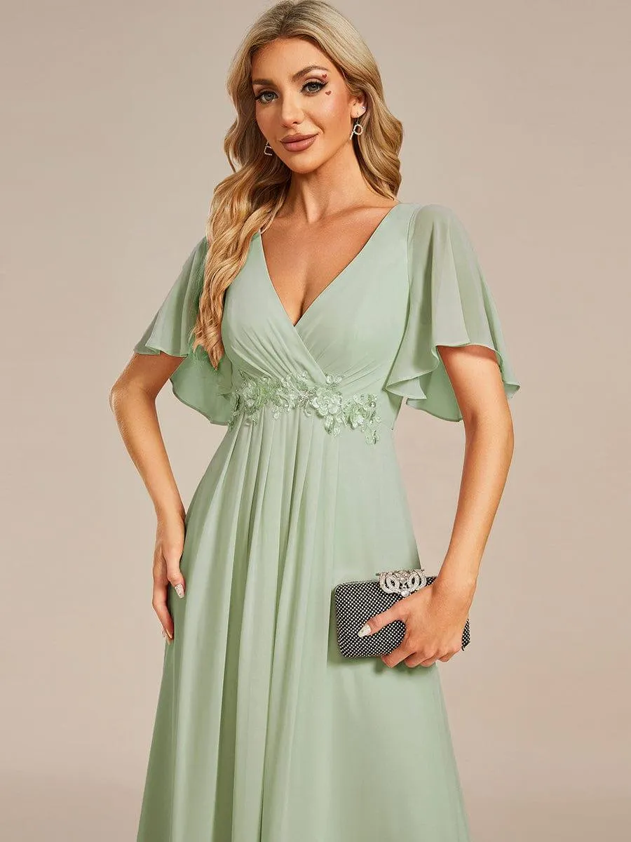 Gentle Iris | Ruffles Sleeve A-Line Chiffon Waist Applique Maxi Mother of the Bride Dress