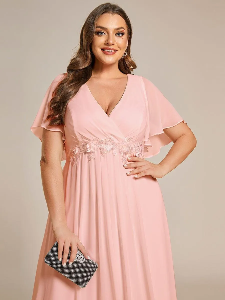Gentle Iris | Ruffles Sleeve A-Line Chiffon Waist Applique Maxi Mother of the Bride Dress