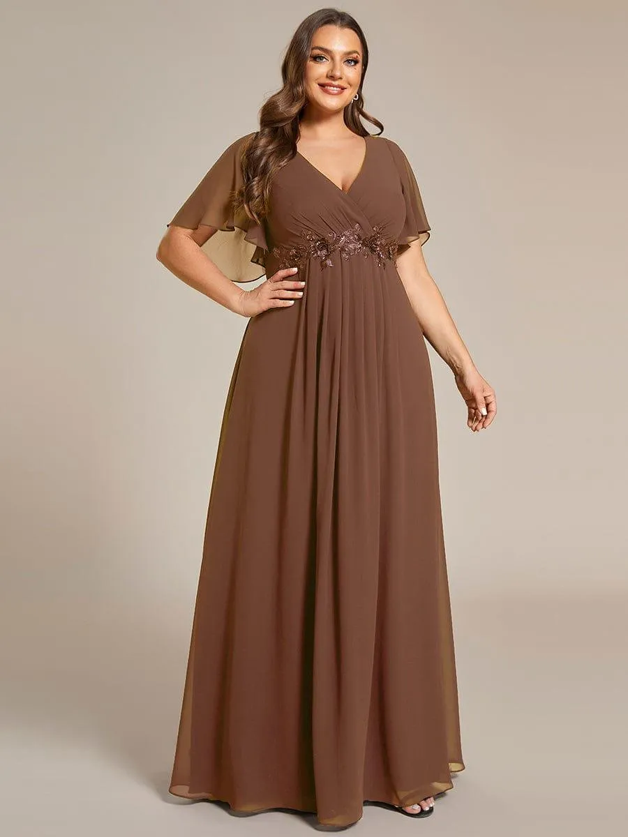 Gentle Iris | Ruffles Sleeve A-Line Chiffon Waist Applique Maxi Mother of the Bride Dress