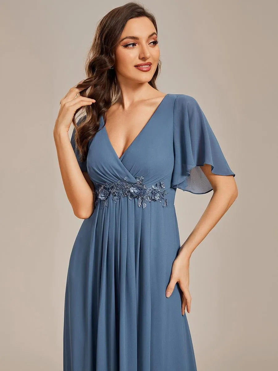 Gentle Iris | Ruffles Sleeve A-Line Chiffon Waist Applique Maxi Mother of the Bride Dress