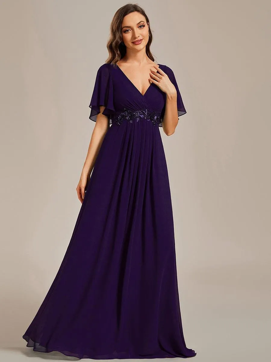 Gentle Iris | Ruffles Sleeve A-Line Chiffon Waist Applique Maxi Mother of the Bride Dress