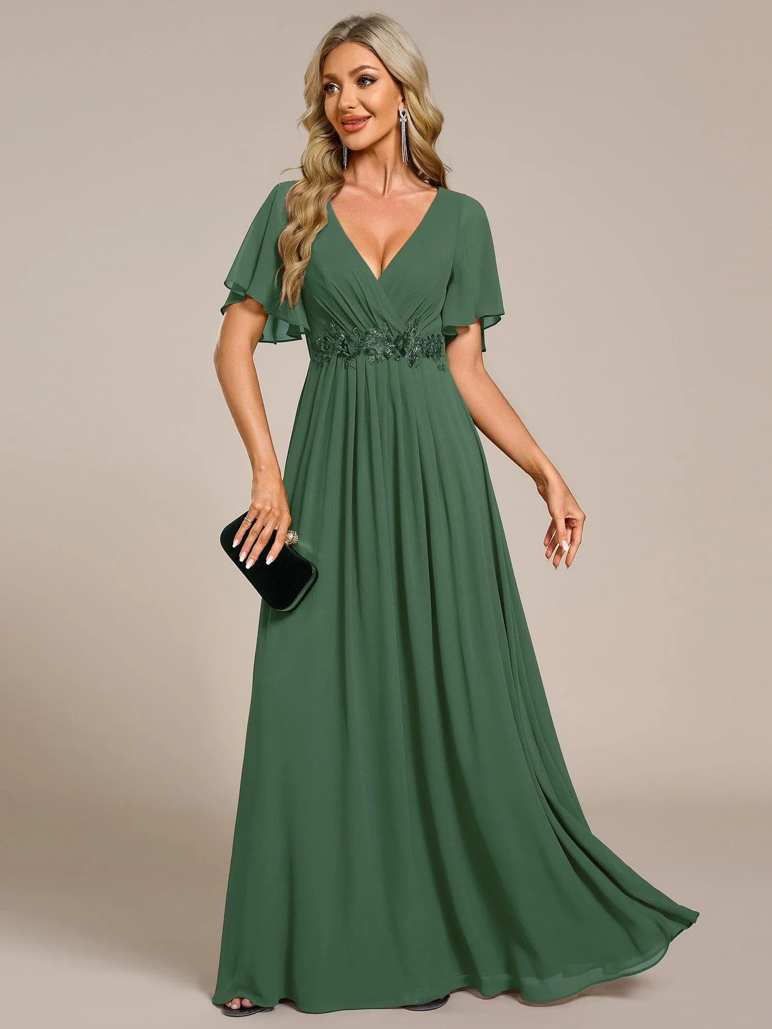 Gentle Iris | Ruffles Sleeve A-Line Chiffon Waist Applique Maxi Mother of the Bride Dress