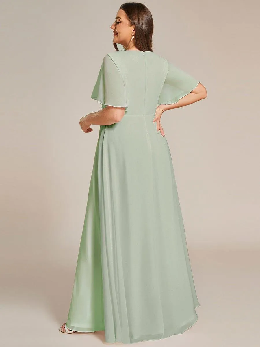 Gentle Iris | Ruffles Sleeve A-Line Chiffon Waist Applique Maxi Mother of the Bride Dress