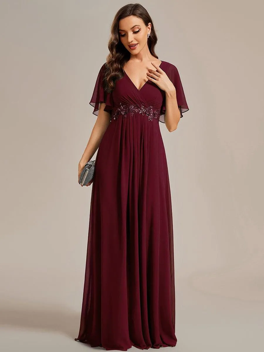 Gentle Iris | Ruffles Sleeve A-Line Chiffon Waist Applique Maxi Mother of the Bride Dress