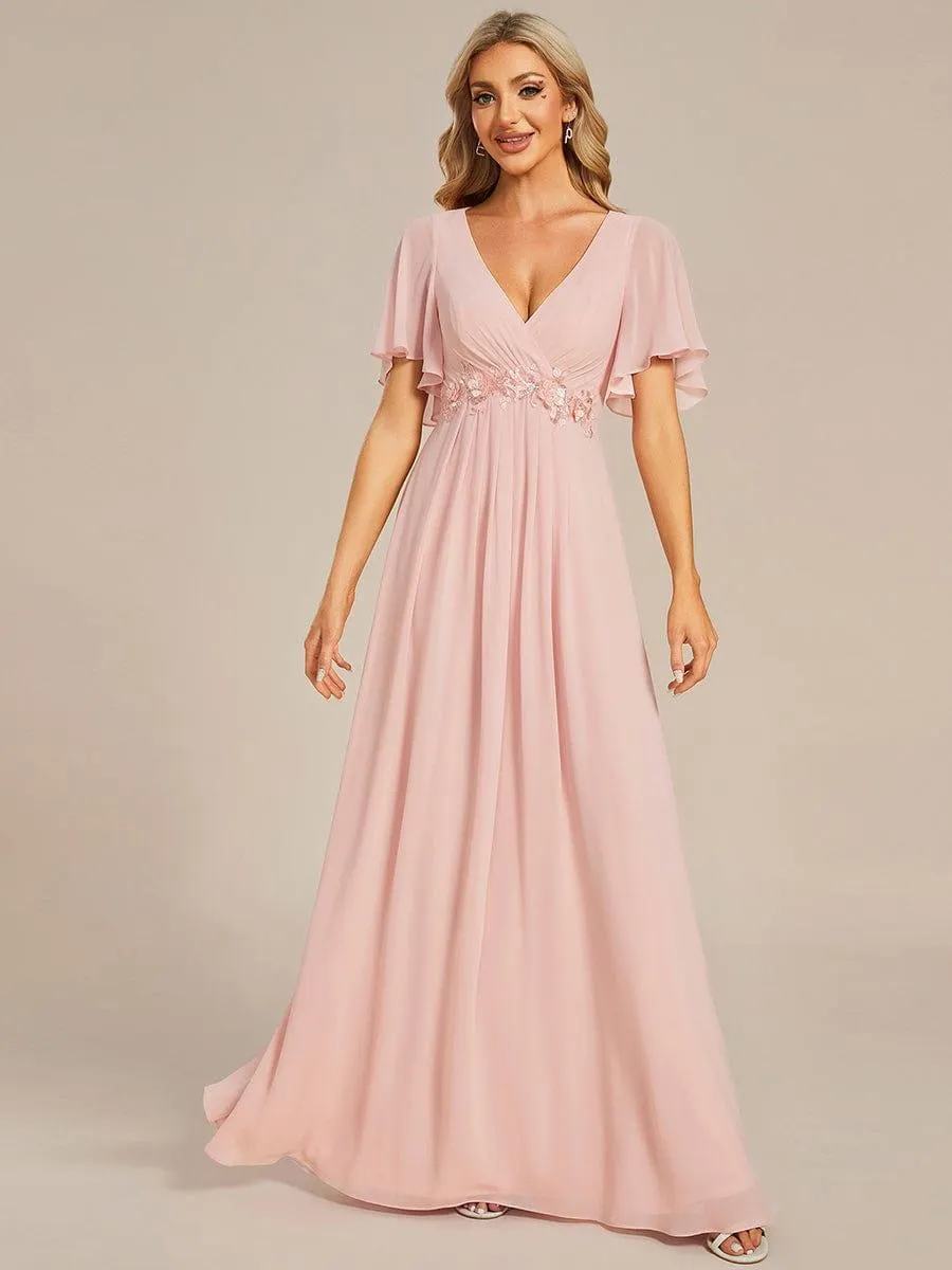 Gentle Iris | Ruffles Sleeve A-Line Chiffon Waist Applique Maxi Mother of the Bride Dress