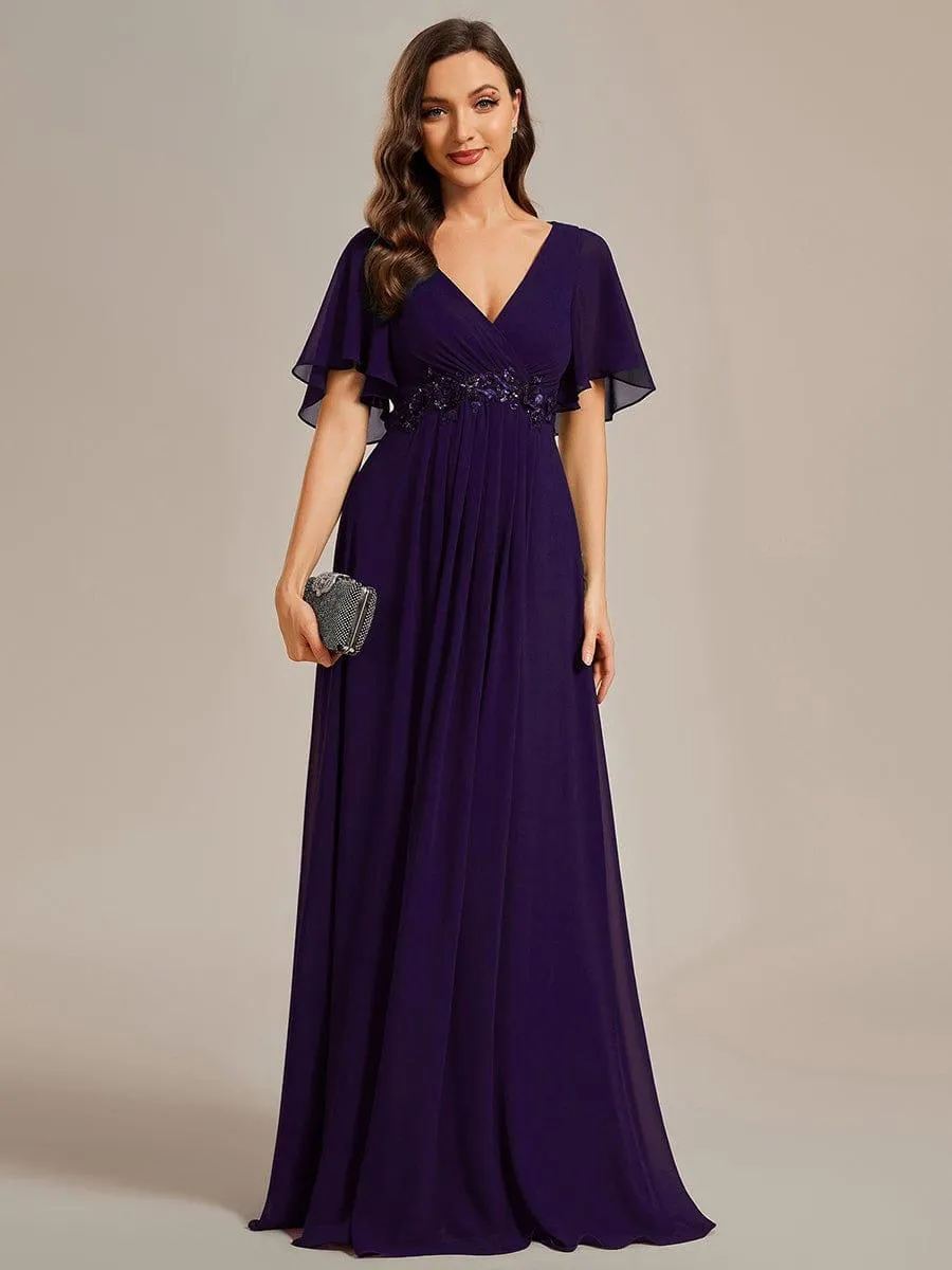 Gentle Iris | Ruffles Sleeve A-Line Chiffon Waist Applique Maxi Mother of the Bride Dress
