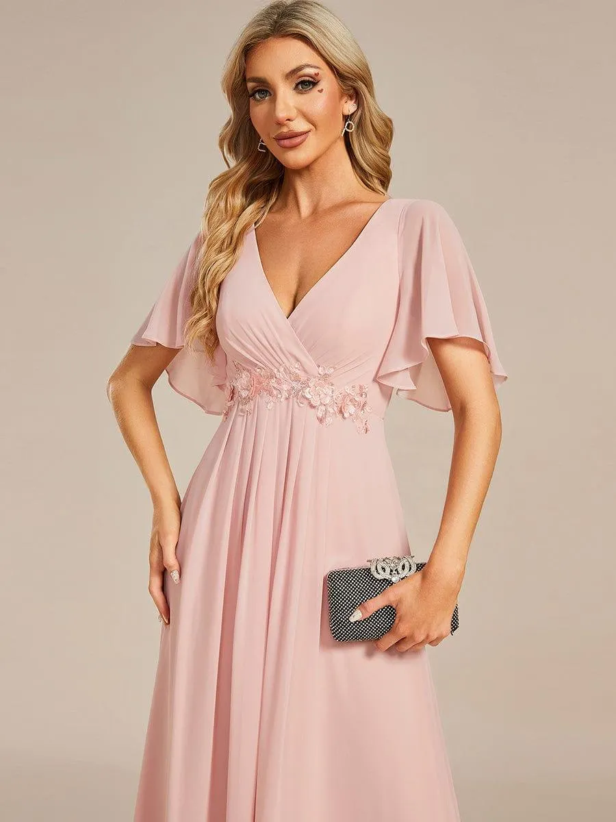 Gentle Iris | Ruffles Sleeve A-Line Chiffon Waist Applique Maxi Mother of the Bride Dress
