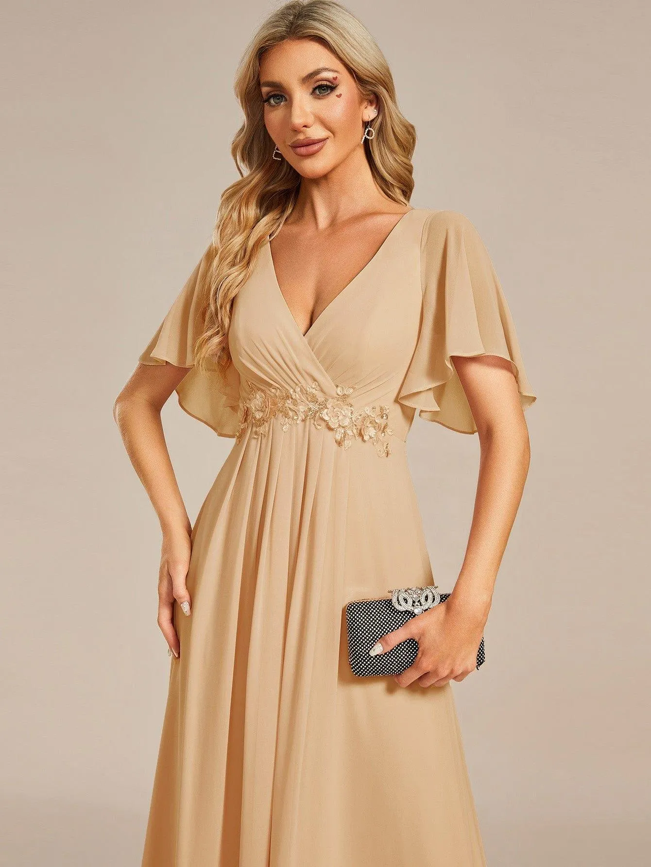 Gentle Iris | Ruffles Sleeve A-Line Chiffon Waist Applique Maxi Mother of the Bride Dress