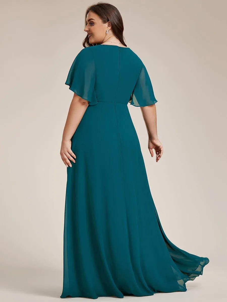 Gentle Iris | Ruffles Sleeve A-Line Chiffon Waist Applique Maxi Mother of the Bride Dress