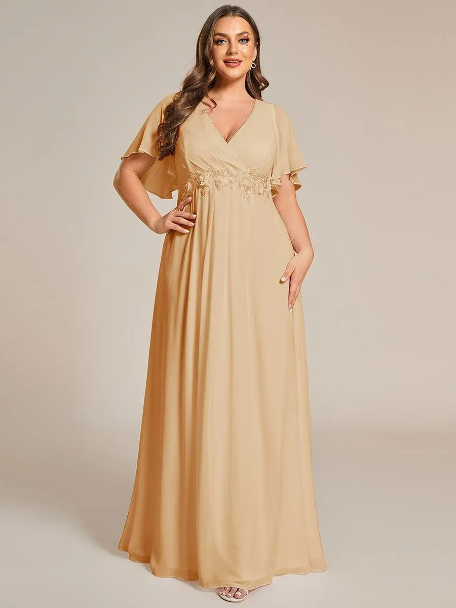 Gentle Iris | Ruffles Sleeve A-Line Chiffon Waist Applique Maxi Mother of the Bride Dress