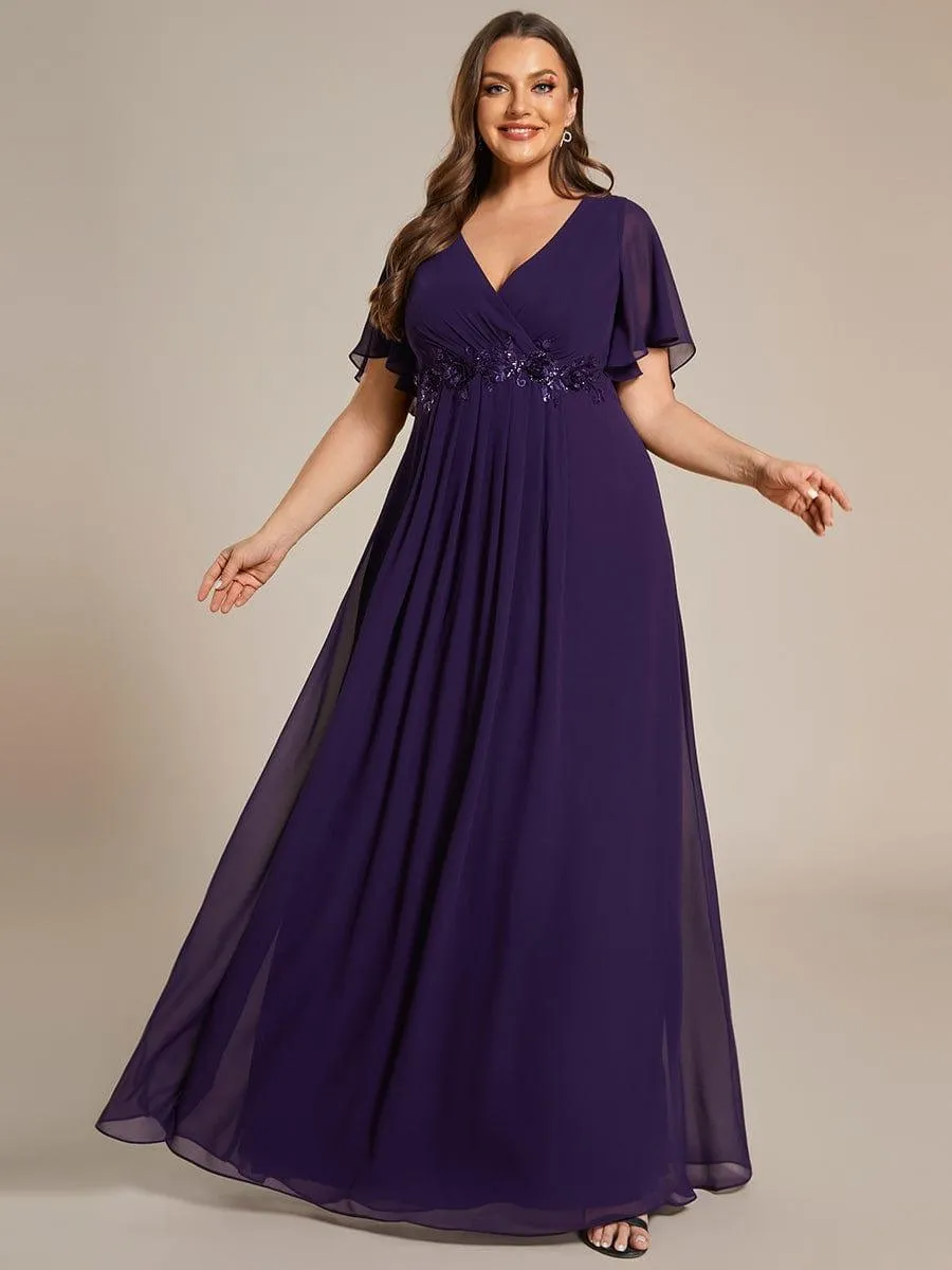 Gentle Iris | Ruffles Sleeve A-Line Chiffon Waist Applique Maxi Mother of the Bride Dress