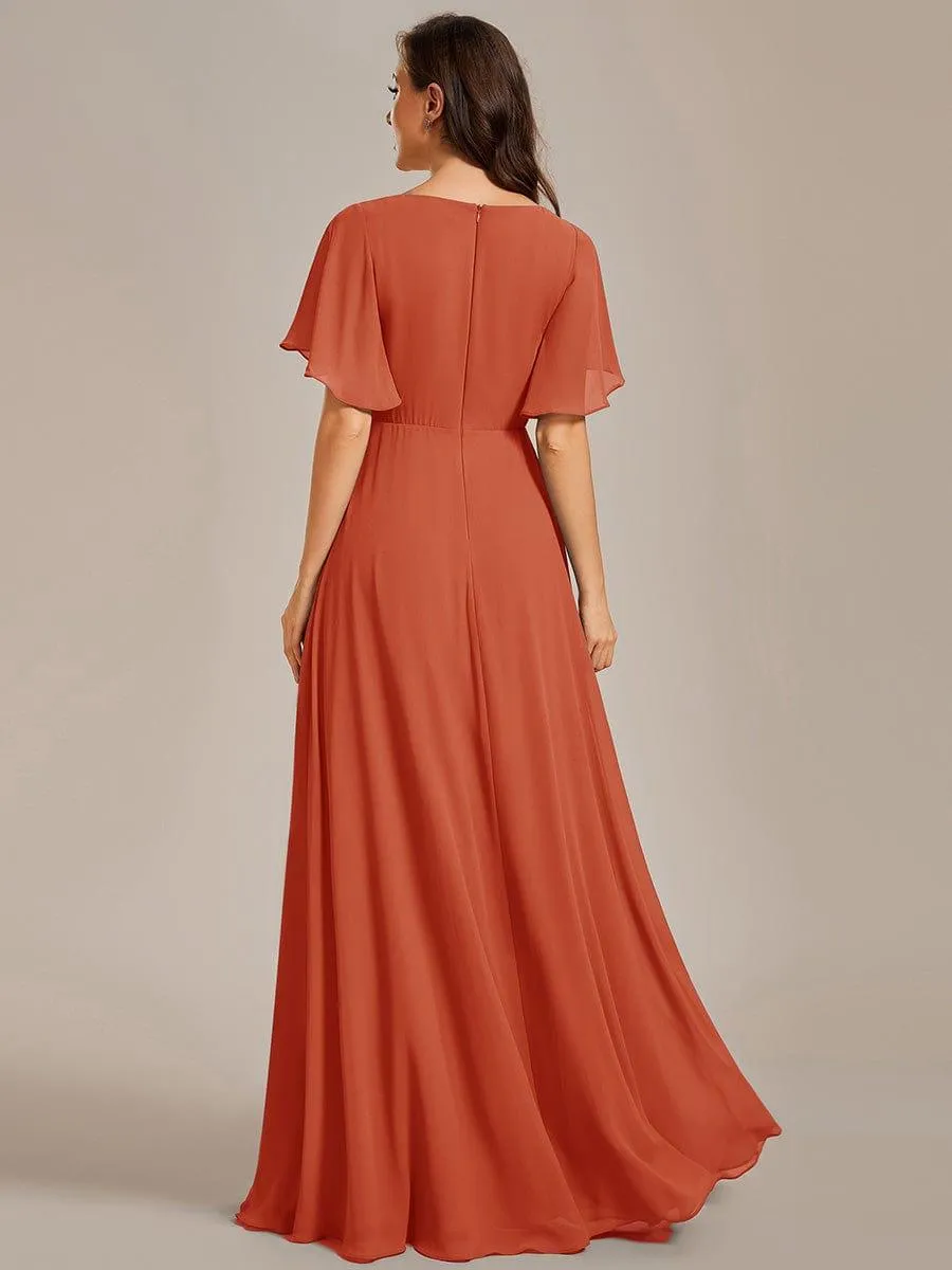 Gentle Iris | Ruffles Sleeve A-Line Chiffon Waist Applique Maxi Mother of the Bride Dress