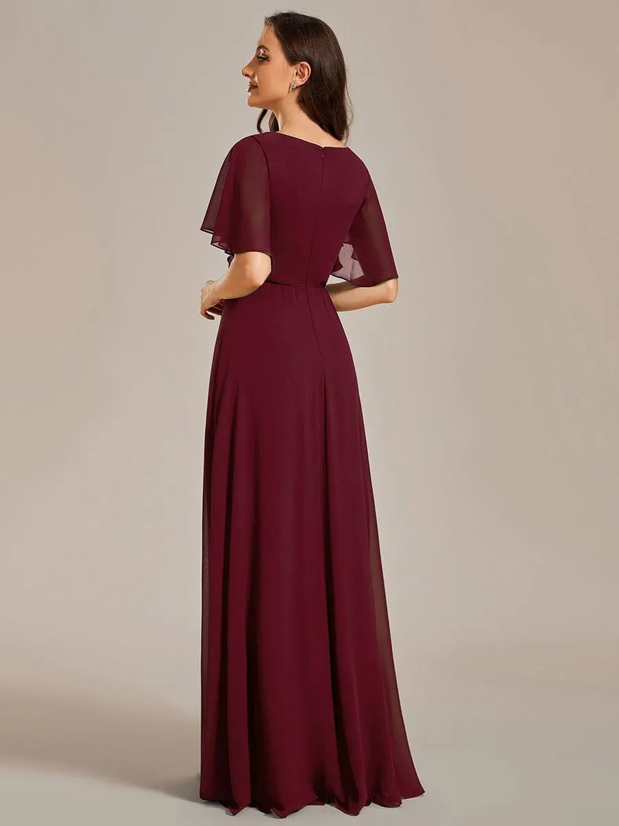 Gentle Iris | Ruffles Sleeve A-Line Chiffon Waist Applique Maxi Mother of the Bride Dress