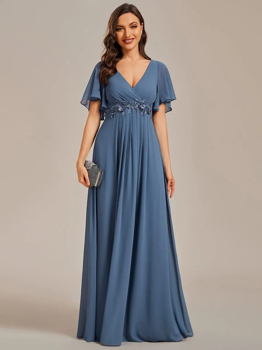 Gentle Iris | Ruffles Sleeve A-Line Chiffon Waist Applique Maxi Mother of the Bride Dress