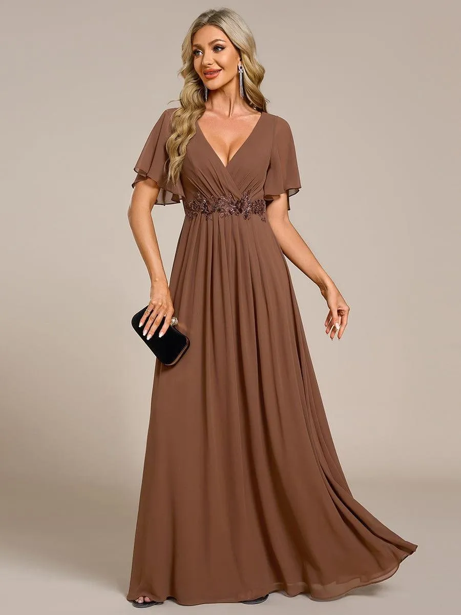 Gentle Iris | Ruffles Sleeve A-Line Chiffon Waist Applique Maxi Mother of the Bride Dress