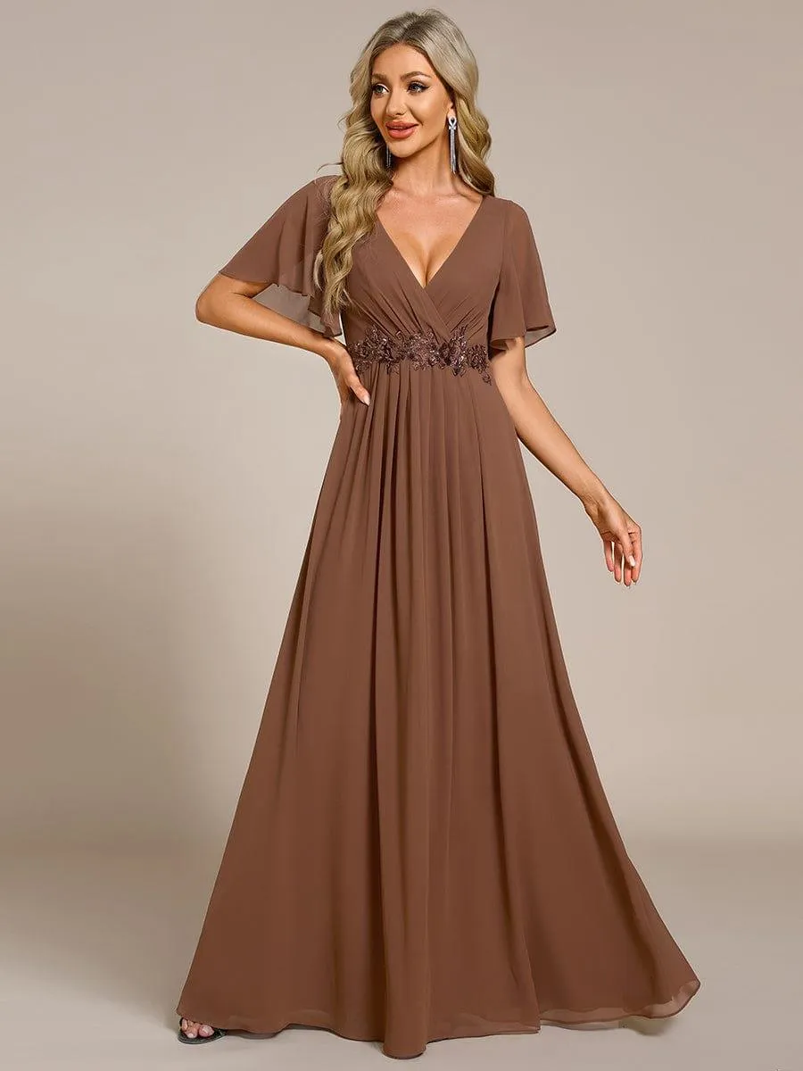 Gentle Iris | Ruffles Sleeve A-Line Chiffon Waist Applique Maxi Mother of the Bride Dress