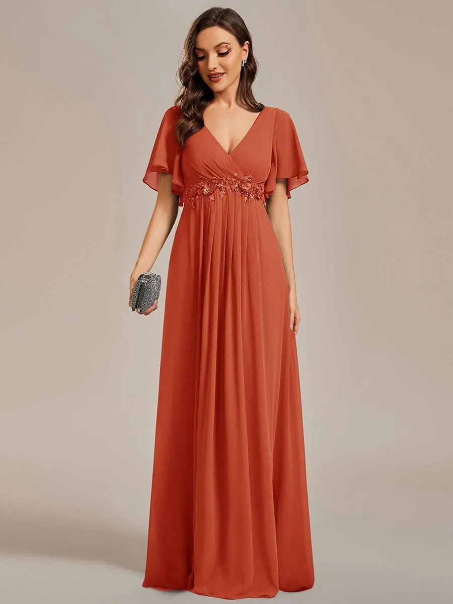 Gentle Iris | Ruffles Sleeve A-Line Chiffon Waist Applique Maxi Mother of the Bride Dress