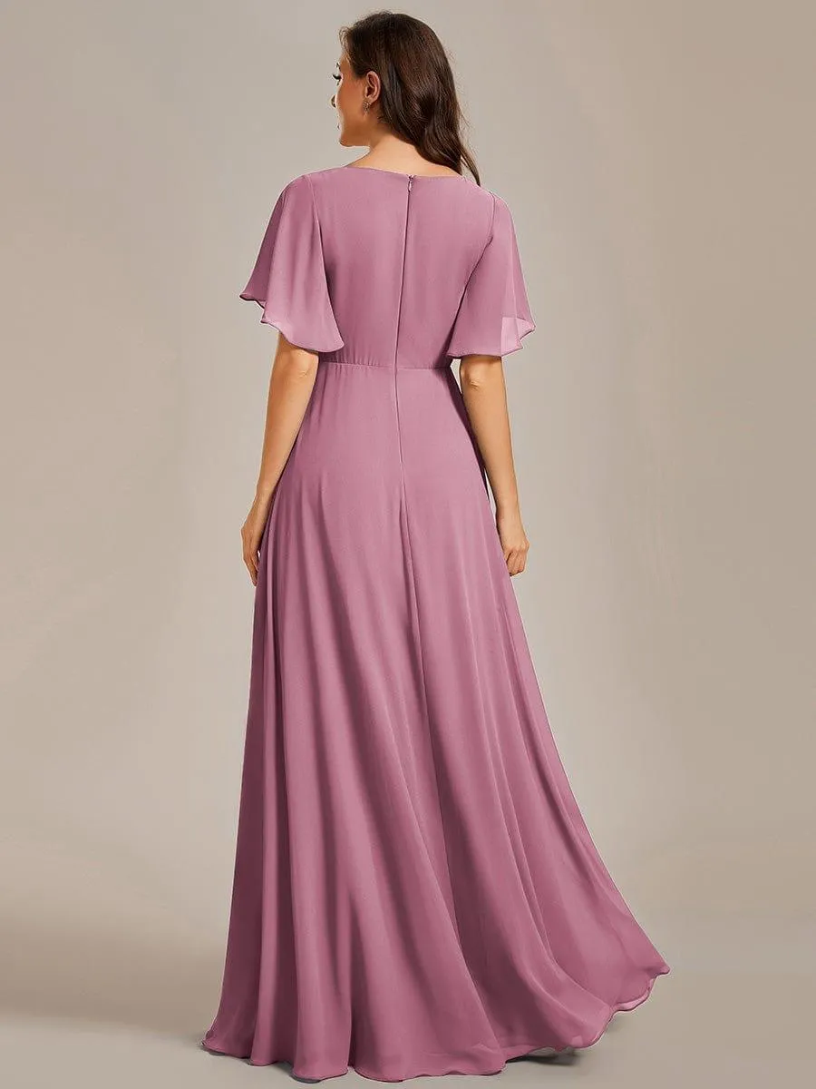Gentle Iris | Ruffles Sleeve A-Line Chiffon Waist Applique Maxi Mother of the Bride Dress