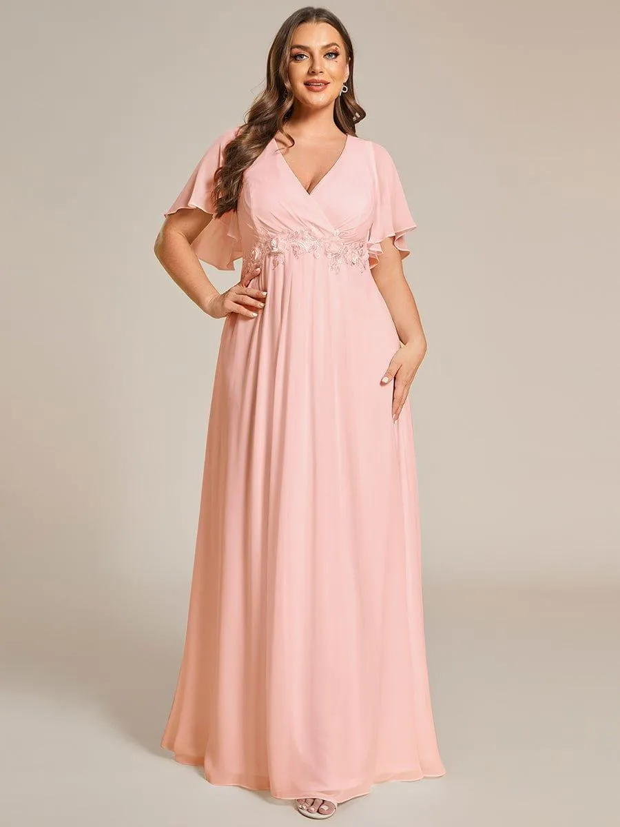 Gentle Iris | Ruffles Sleeve A-Line Chiffon Waist Applique Maxi Mother of the Bride Dress