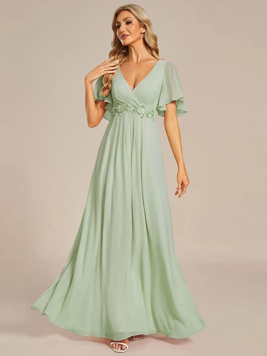 Gentle Iris | Ruffles Sleeve A-Line Chiffon Waist Applique Maxi Mother of the Bride Dress