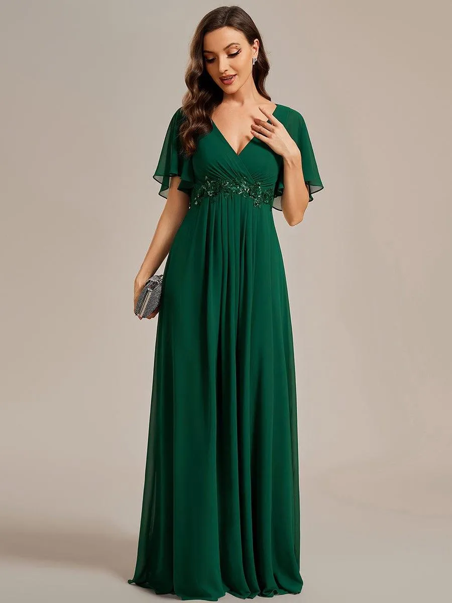 Gentle Iris | Ruffles Sleeve A-Line Chiffon Waist Applique Maxi Mother of the Bride Dress